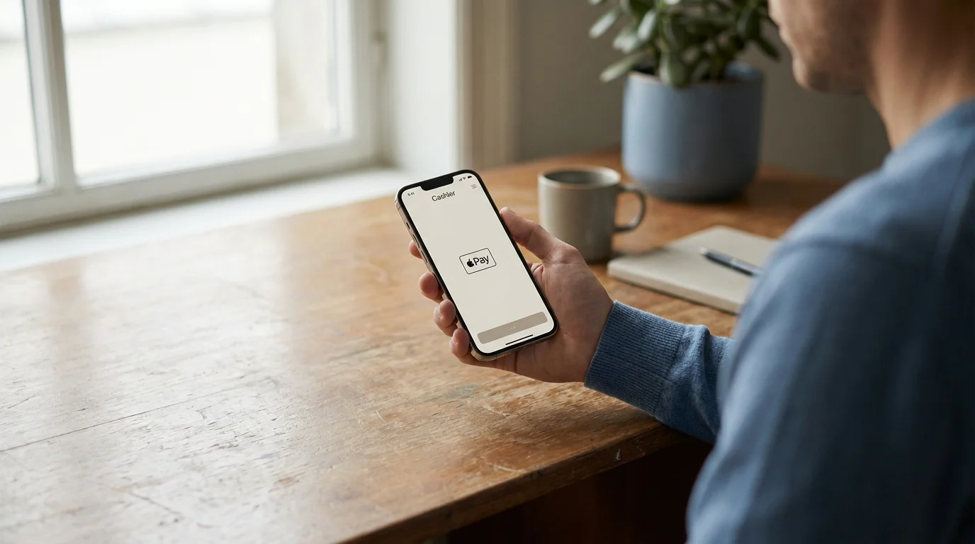 Person hält ein iPhone an der Kasse eines Online-Casinos, der Bildschirm zeigt eine Apple-Pay-Bestätigung