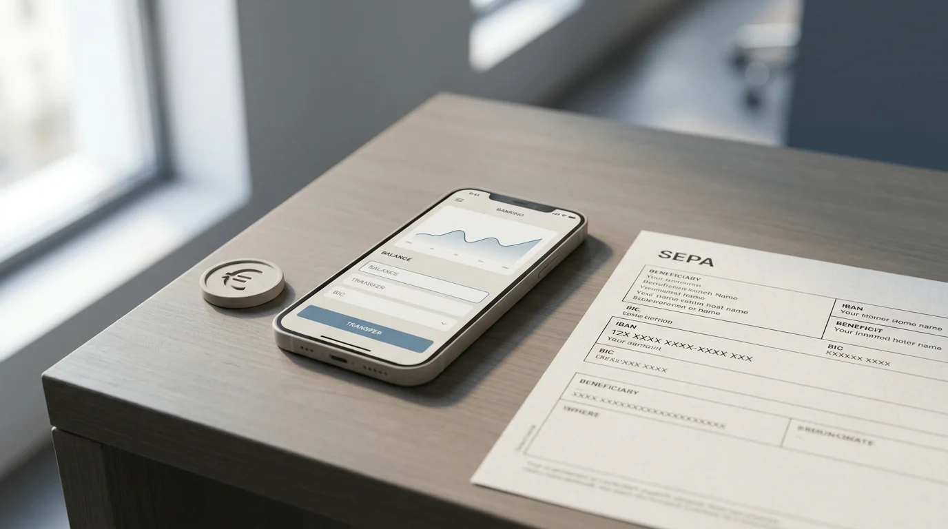 Schreibtisch mit Smartphone und ausgedrucktem SEPA-Dokument für die Einzahlung per Lastschrift