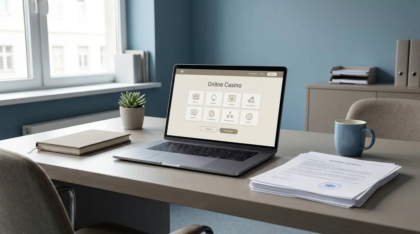 Bürotisch mit Laptop und deutschem Lizenzdokument für Online-Casinos