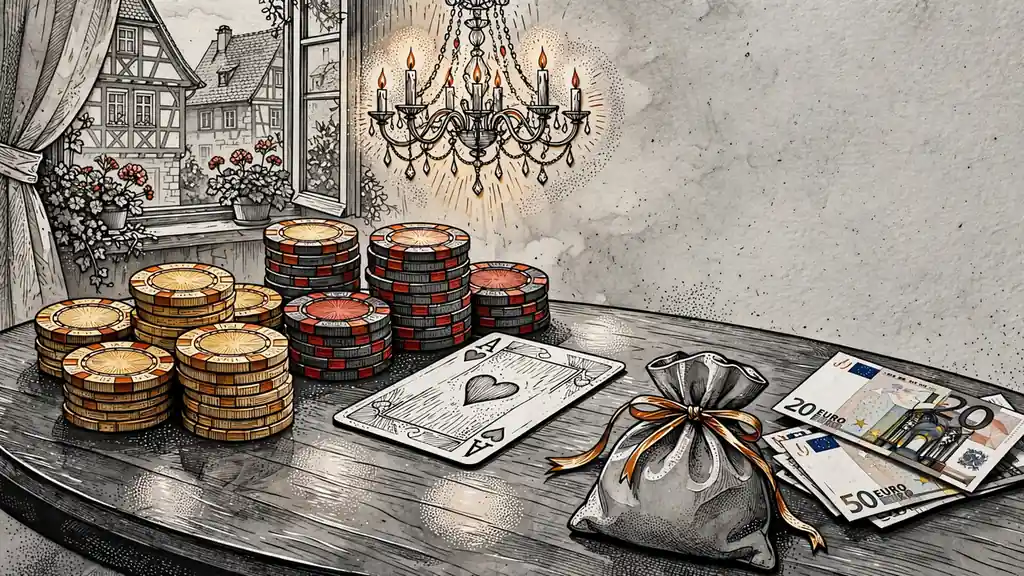 Casino-Chips und Spielkarte auf einem Tisch mit warmem Licht