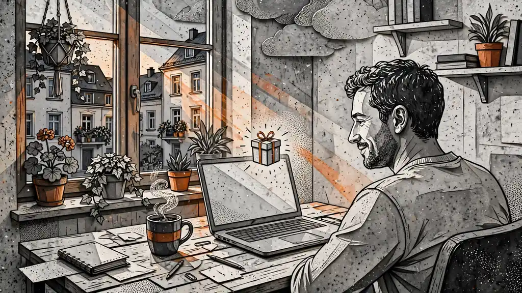 Spieler am Schreibtisch mit Laptop, Geschenkbox-Icon als Willkommensbonus, warmes Abendlicht.