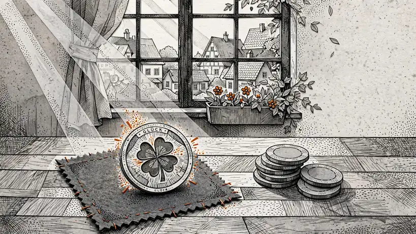 Goldene Glücksmünze und Spielchips auf grünem Filz in warmem Licht