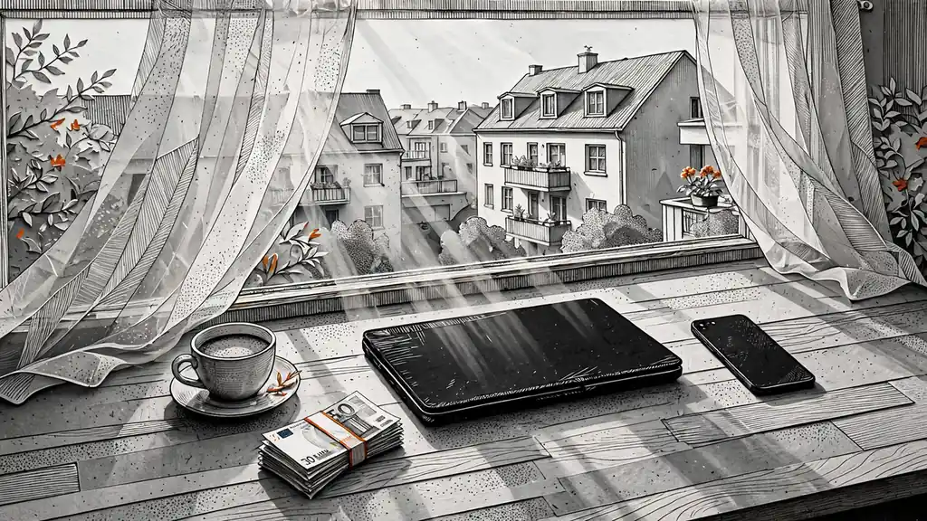 Schreibtisch mit Euro-Scheinen und geschlossenem Laptop bei Tageslicht
