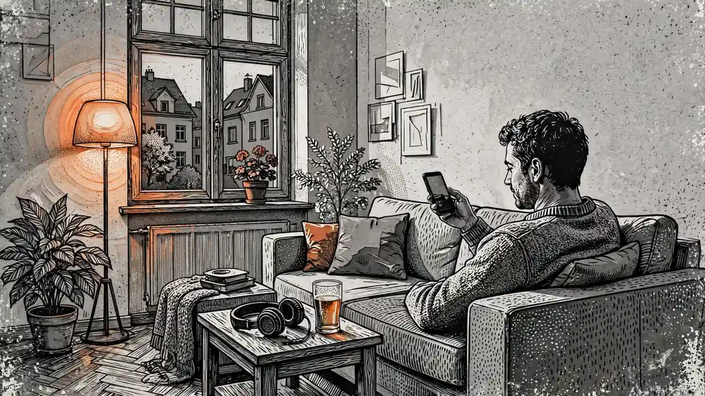 Person mit Smartphone auf dem Sofa, entspannter Abend in einer deutschen Wohnung.