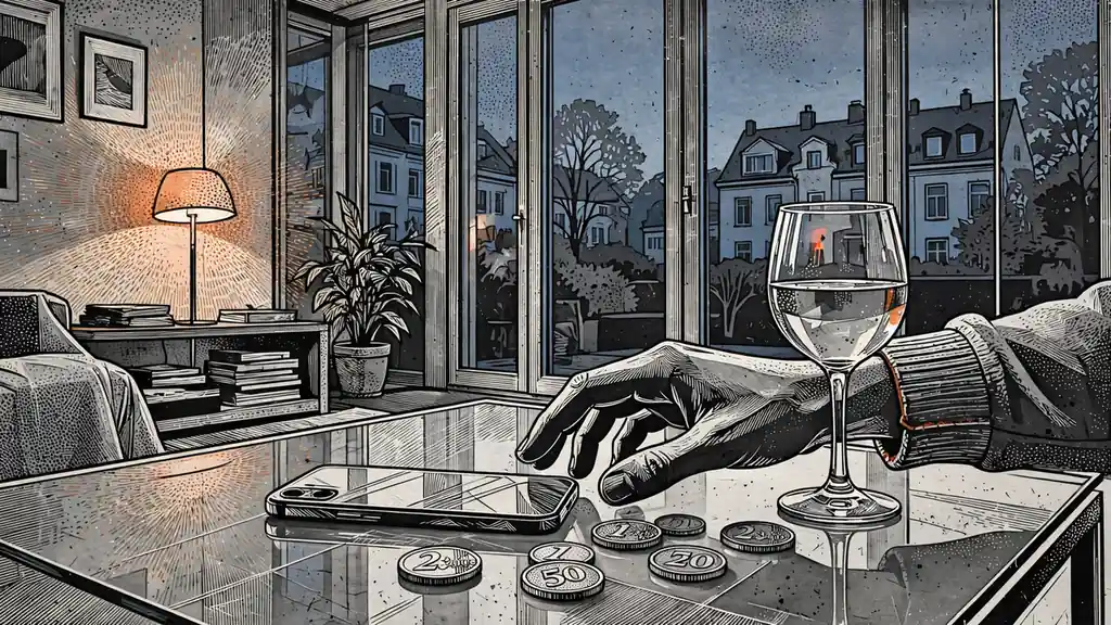 Stimmungsvolles deutsches Wohnzimmer am Abend mit Smartphone, Euromünzen und Weinglas auf dem Tisch