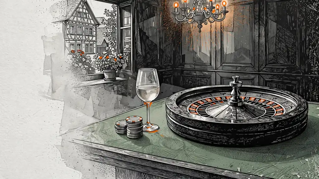 Roulette-Tisch mit Chips und deutschem Weißwein in stimmungsvoller Lounge