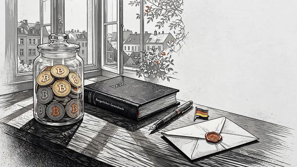 Bitcoin-Münzen neben einem deutschen Gesetzesbuch auf einem Holztisch