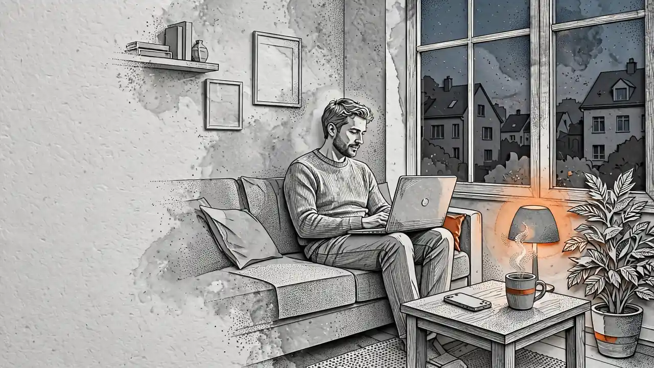 Abendliche Szene im deutschen Wohnzimmer mit Person und zugeklapptem Laptop.