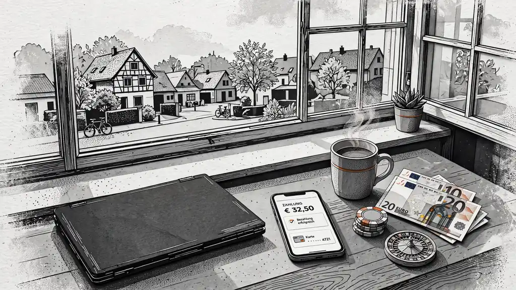 Schreibtisch mit Laptop, Smartphone, Euro-Scheinen, Casino-Chips und Roulette im deutschen Homeoffice