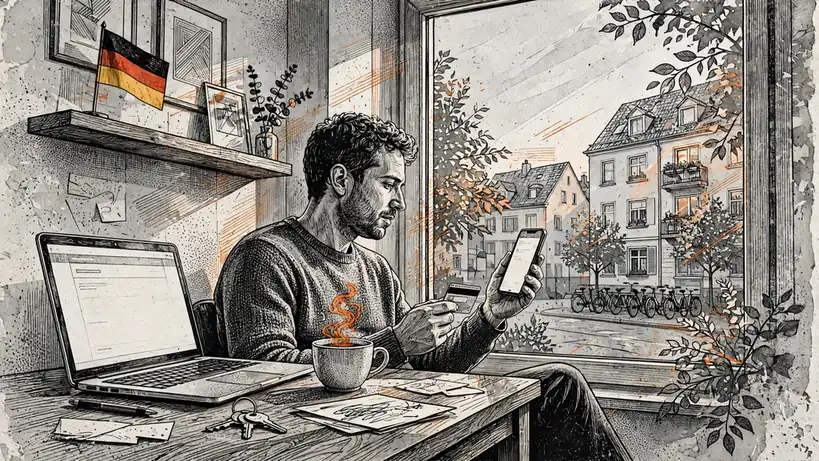 Spieler in Deutschland am Schreibtisch mit Smartphone und Kreditkarte.