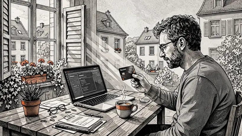 Person mit Revolut-Karte am Schreibtisch beim Online-Zahlen