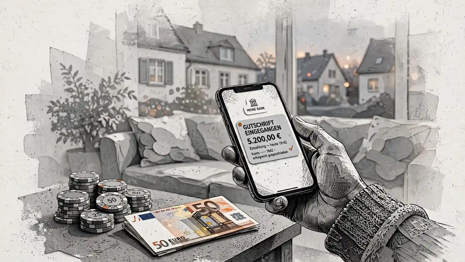 Hand mit Smartphone zeigt eine schnelle Bankbenachrichtigung über eine große Euro-Auszahlung auf einem Wohnzimmertisch.