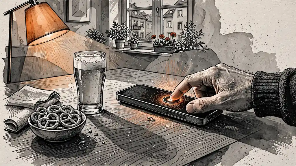 Hand drückt Spin-Knopf auf Gerät mit Bier und Brezeln