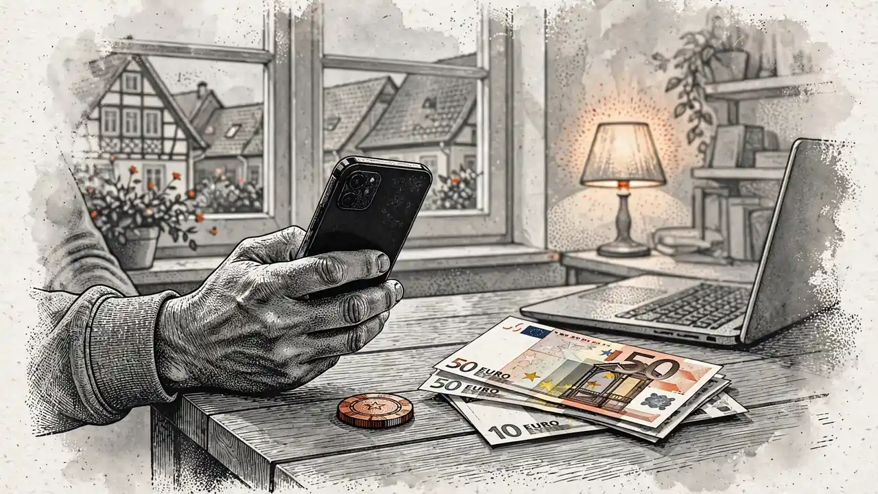 Hand mit Smartphone, Spielchip und Euro-Scheinen auf einem Tisch