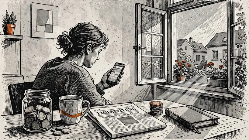 Person mit Smartphone und Spielchips am Schreibtisch in einer deutschen Wohnung
