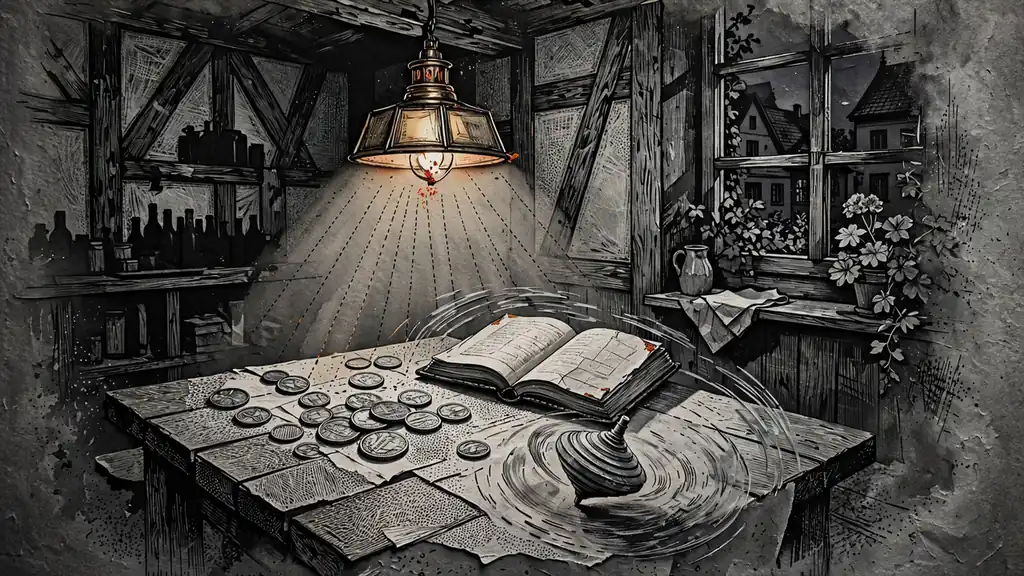 Stimmungsvolles Gasthaus-Interieur mit offenem Buch und Münzen auf dem Tisch