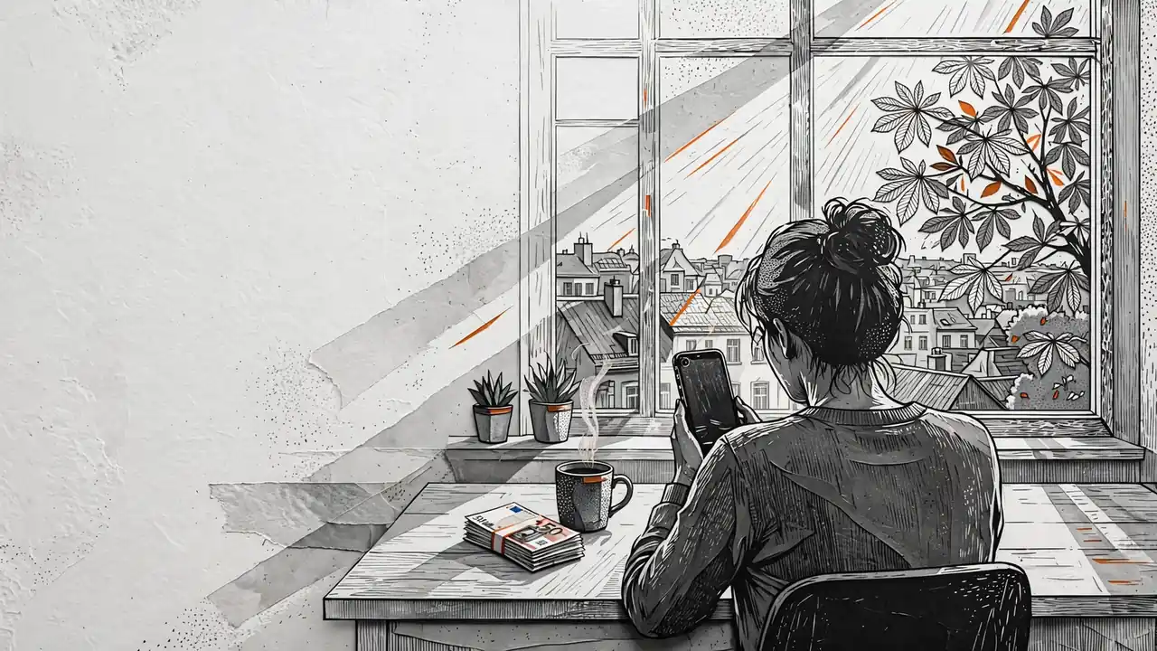 Person am Schreibtisch mit Smartphone und Euro-Geldscheinen in moderner deutscher Wohnung