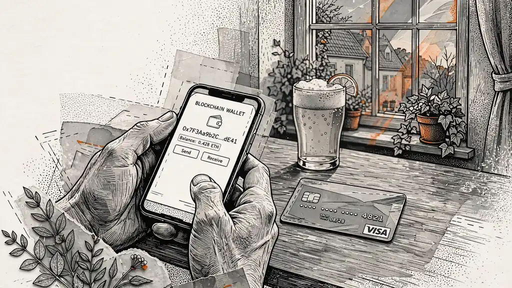 Smartphone mit Blockchain-Wallet neben Kreditkarte auf Tisch