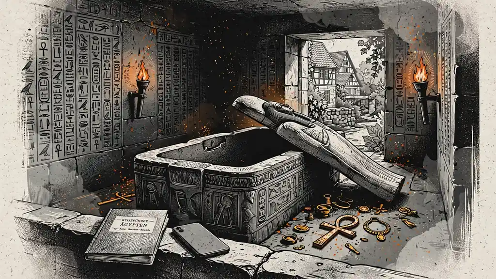Goldenes ägyptisches Grabmal mit Hieroglyphen, Sarkophag und modernem Reiseführer auf einem Steinvorsprung.