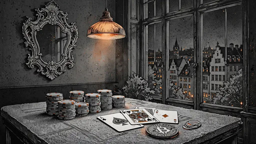 Eleganter Spieltisch mit Chips, Spielkarten und Bitcoin-Münze im warmen Abendlicht