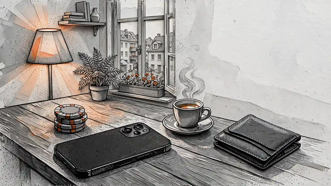 Smartphone neben Pokerchips und Espresso auf einem Holztisch.