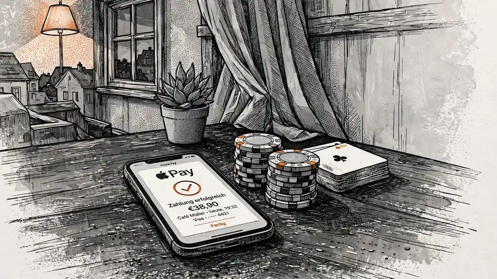 Smartphone mit Apple Pay neben Casino-Chips auf einem Tisch