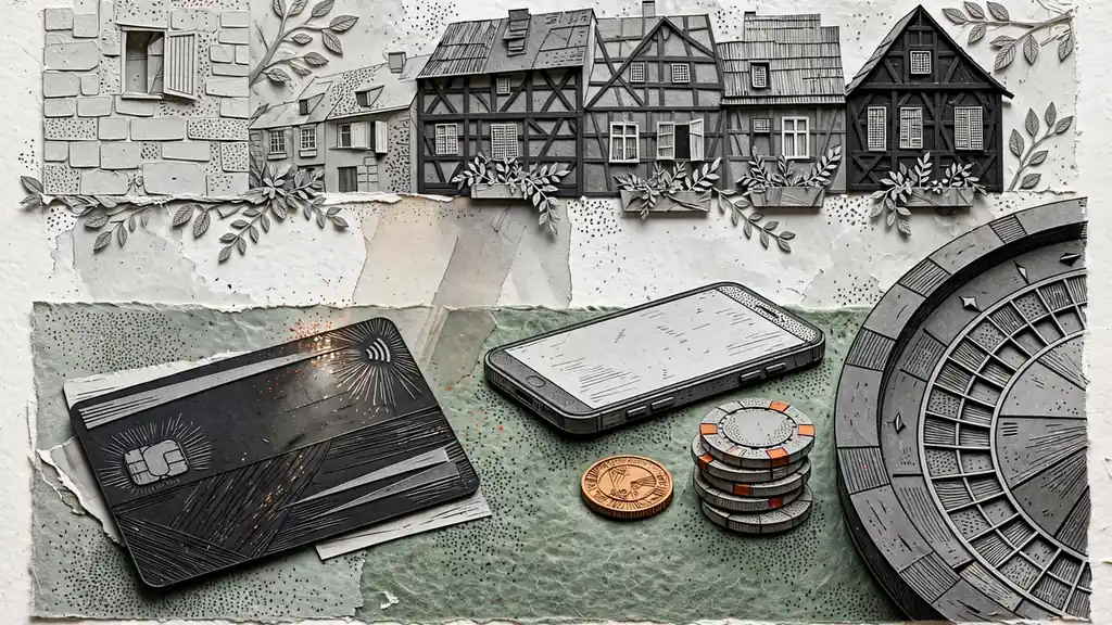 AstroPay-Karte und Smartphone auf grünem Spieltisch mit Casino-Chips