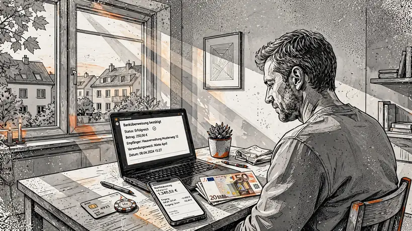 Person am Schreibtisch mit Laptop für Banküberweisung, Smartphone mit Banking-App und Spielchip