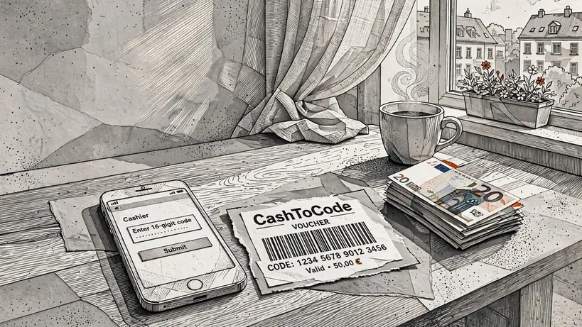 Smartphone, Papiergutschein mit Barcode und Euro-Banknoten auf einem Schreibtisch bei Tageslicht.