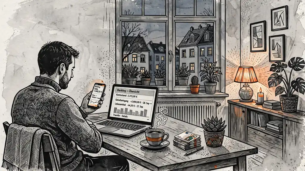 Gemütlicher Arbeitsplatz mit Smartphone und Laptop abends
