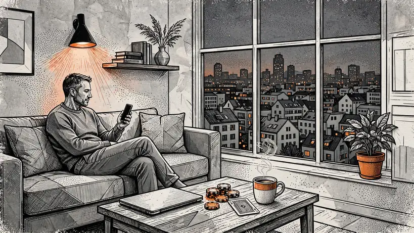 Deutsche Wohnzimmerszene mit Smartphone, Spielchips und geschlossenem Laptop.