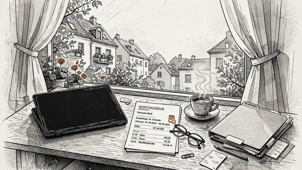 Heller Heimarbeitsplatz mit geschlossenem Laptop und Lastschrift-Beleg auf dem Schreibtisch.