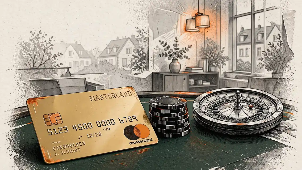 Mastercard-Kreditkarte auf Casino-Tisch mit Chips und Roulette