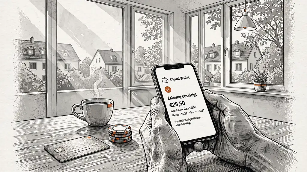 Hände halten Smartphone mit Wallet-App neben Spielchips und Zahlungskarte auf dem Schreibtisch.