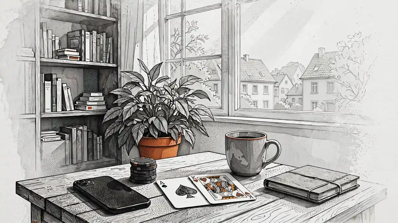 Smartphone und Pokerchips auf einem Couchtisch in einem deutschen Wohnzimmer