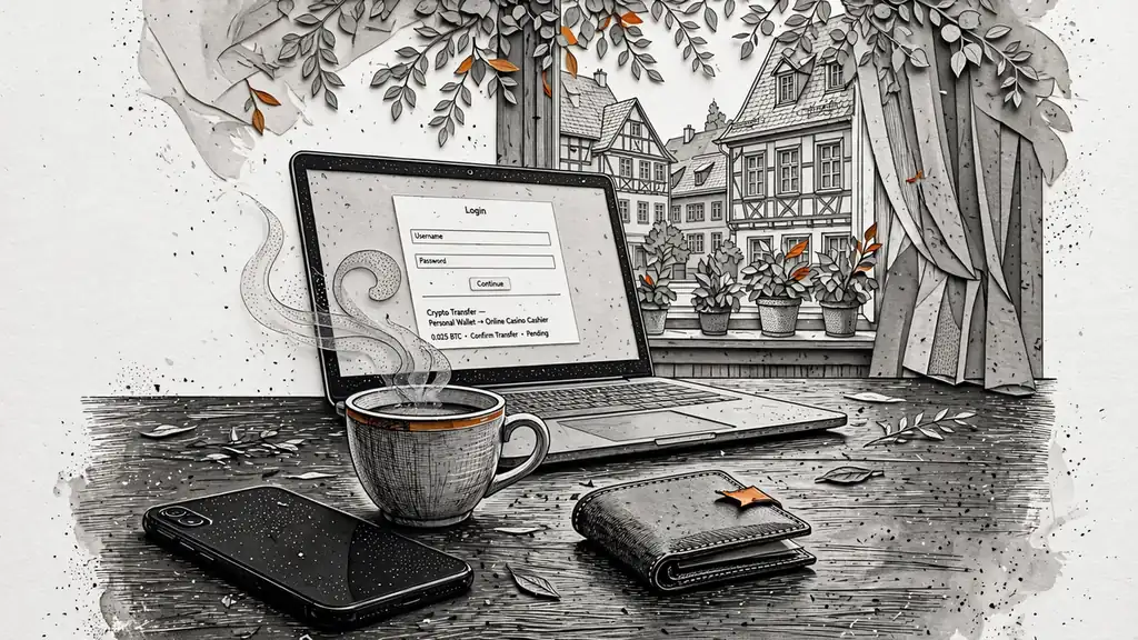 Smartphone und Laptop auf Schreibtisch mit Geldbörse für BNB-Überweisung