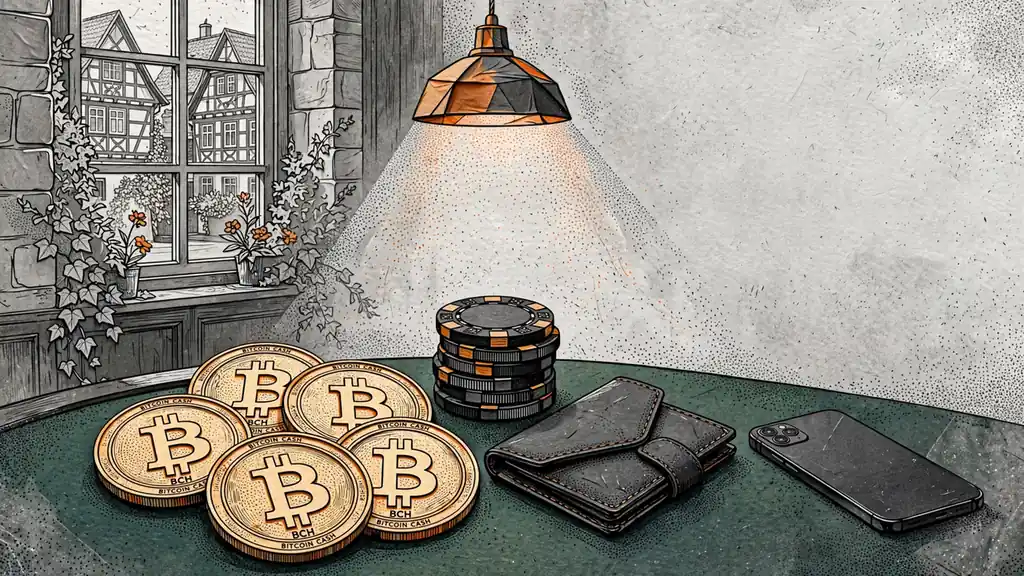 Physische Bitcoin-Cash-Münzen auf grünem Casino-Tisch mit Jetons