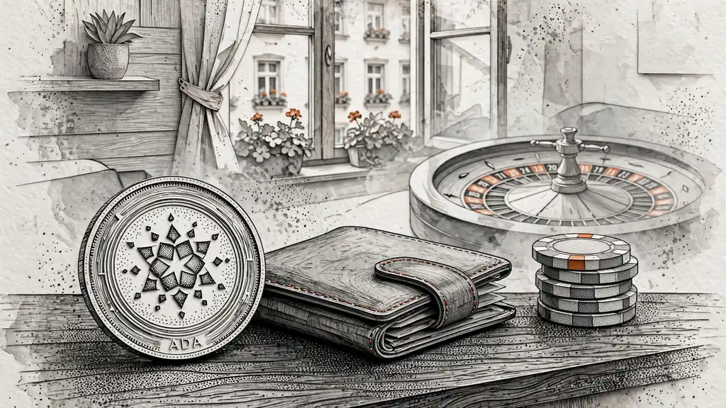 ADA-Münze neben Wallet, Casino-Chips und Roulette auf Holztisch