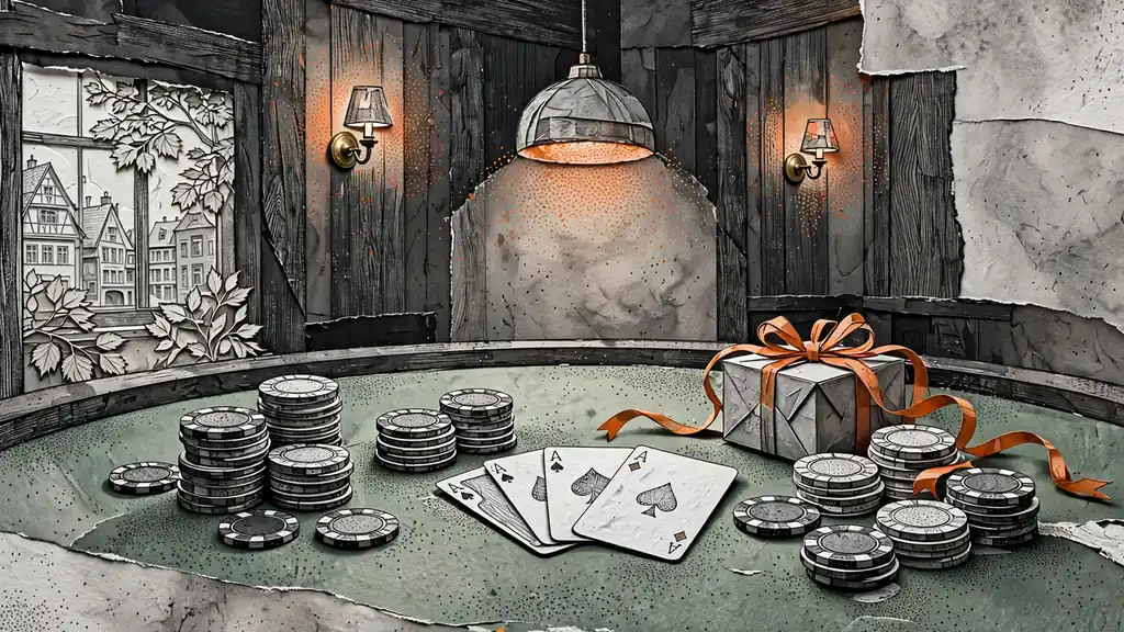 Grüner Spieltisch mit Pokerchips, Spielkarten und einem Geschenk mit goldener Schleife in einer Spielbank.