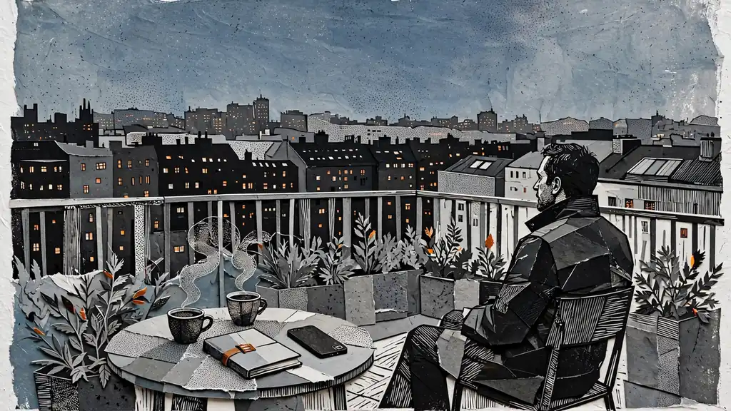 Blick über die Berliner Skyline bei Dämmerung mit einem zugeklappten Telefon auf dem Tisch