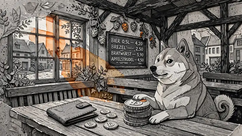 Shiba Inu an einem Holztisch in einer deutschen Gaststätte mit Dogecoin-Münzen und Kartenhalter.