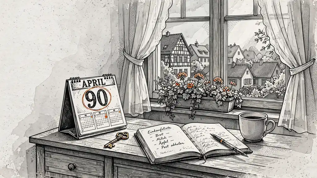 Tischkalender auf einem Nachttisch zeigt den 90. Tag, ein kleiner Schlüssel liegt daneben.