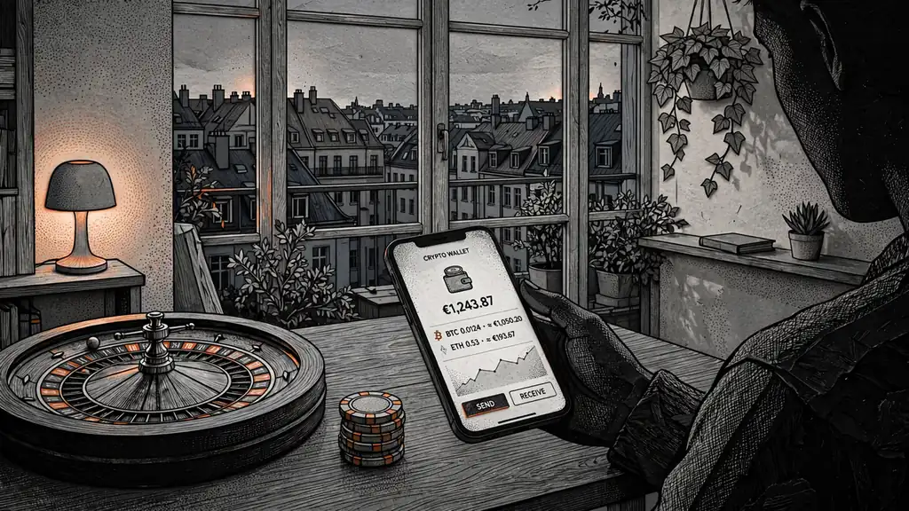 Smartphone mit Krypto-Wallet neben Casino-Chips und Roulette in modernem Wohnzimmer bei Abendlicht.