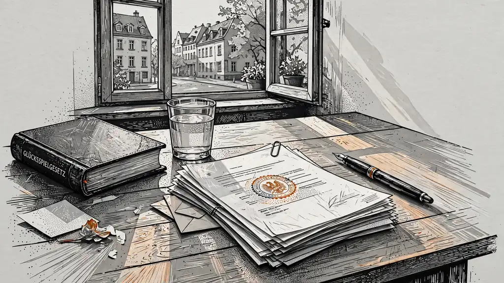 Schreibtisch mit regulatorischen Dokumenten und Buch zum Glücksspielrecht in Berlin