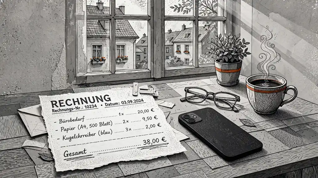Schreibtisch mit Papierrechnung, Smartphone und Kaffeetasse bei Tageslicht