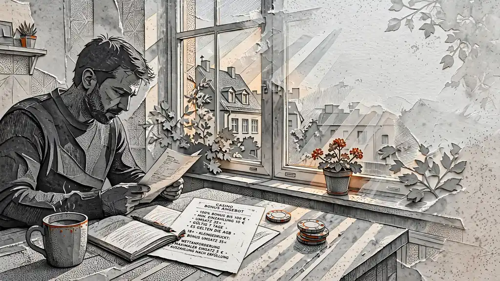 Spieler prüft Bonusbedingungen am Schreibtisch mit Kaffee und Notizbuch