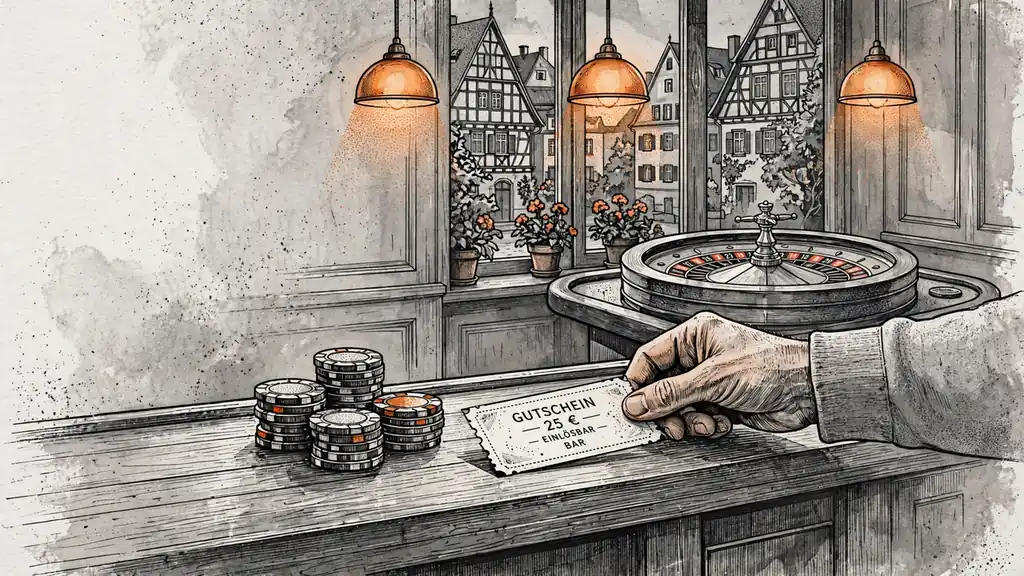 Gemütliche Casino-Lounge mit Holztresen, Gutschein und Spielchips unter warmem Licht.
