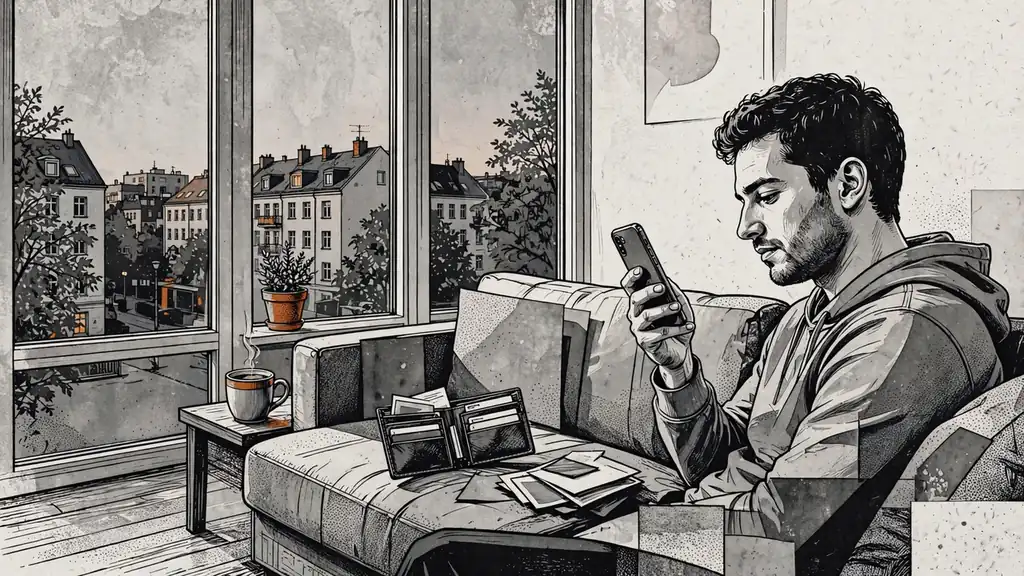 Junger Mann in Berliner Wohnung mit Smartphone und Geldbörse auf dem Sofa.