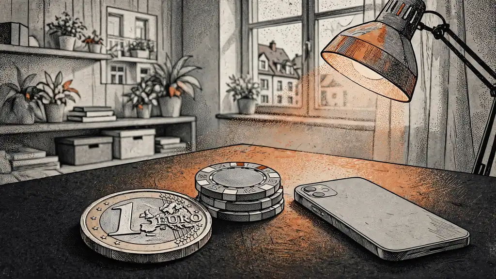 Eine Euromünze neben Casino-Spielchips auf einem Filztisch in einer modernen Wohnung.