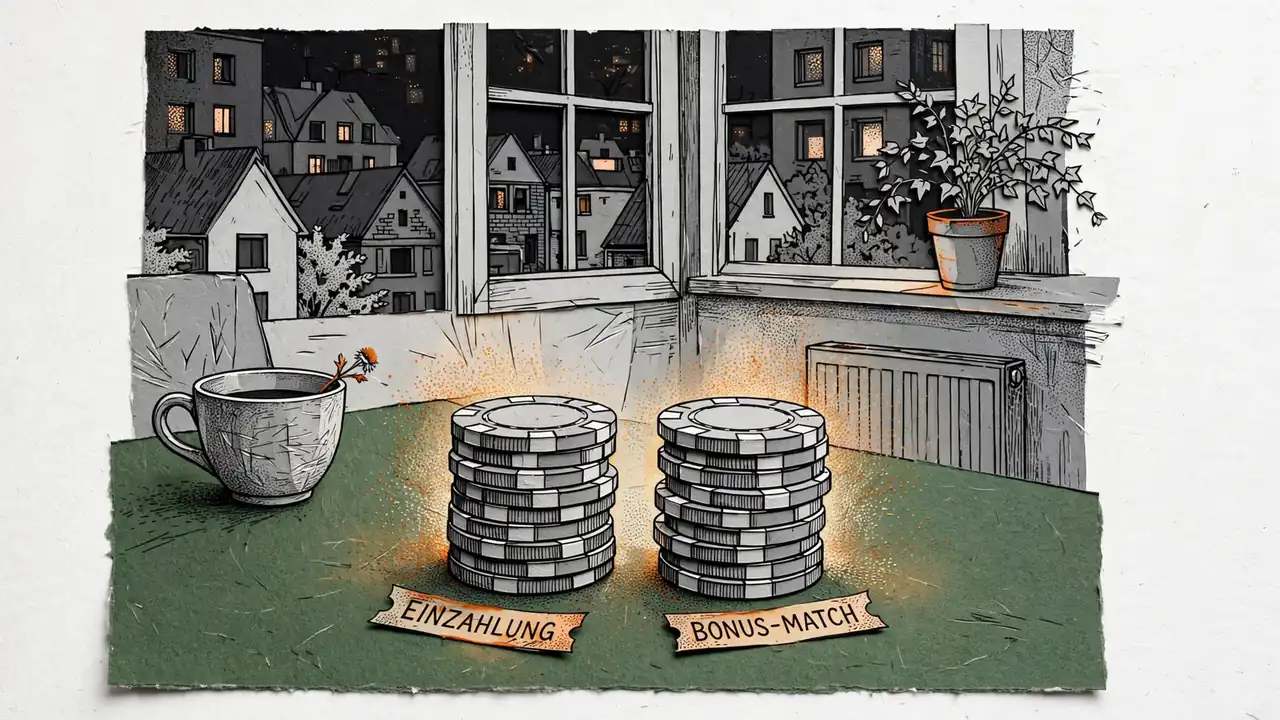 Zwei gleiche Stapel Casino-Chips auf grünem Filz, die verdoppelte Einzahlung mit Bonus symbolisierend.